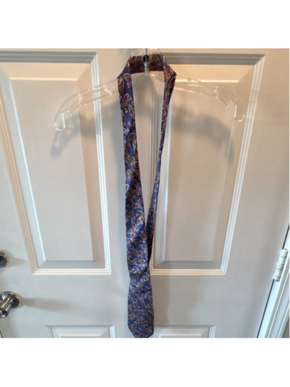 Oleg Cassini Silk Tie Geometric Pattern Blue Red Gray Men's Woven Necktie